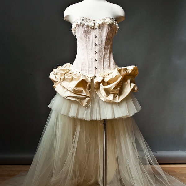 Size Small Peach and ivory Burlesque Corset  wedding prom dress with train
