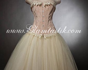 Custom Size Peach and ivory lace burlesque corset prom dress