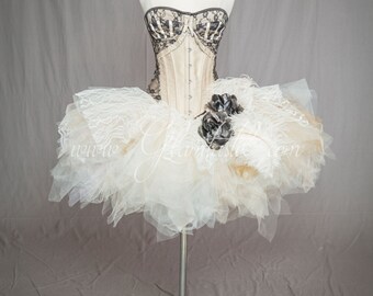 Ready to ship Size Small black and ivory ostrich feather Marie Antoinette Burlesque steampunk corset dress with hair piece
