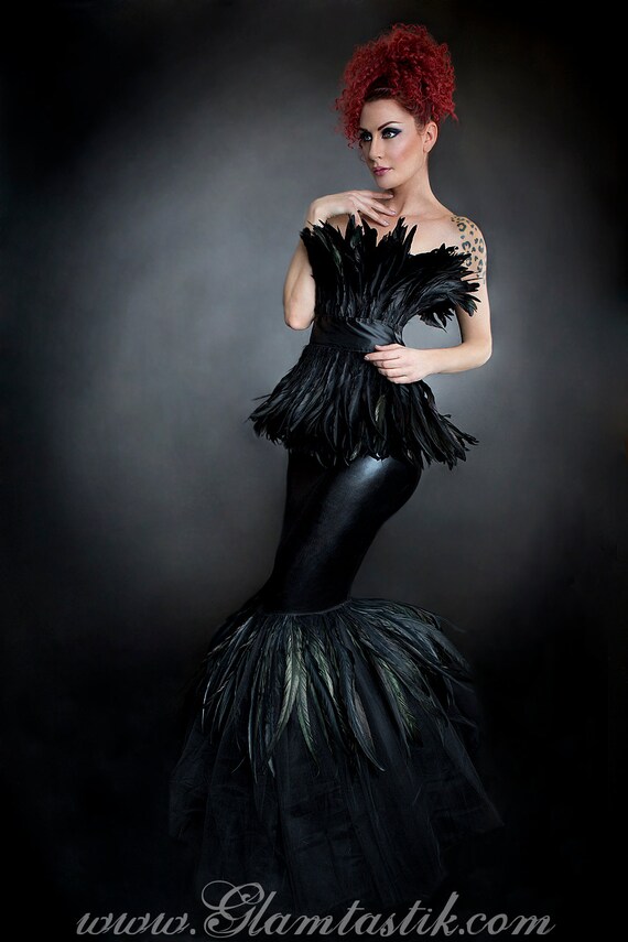 black feather prom dress