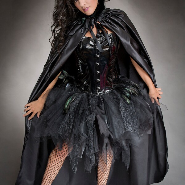 One size Black Capelet Ready to Ship long satin feather collar Cape Perfect for Halloween