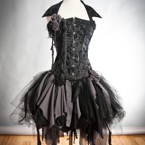 Custom Size black and gray Burlesque zombie corset dress with collar Available in small to XL.