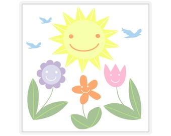 Smiling Sun and Flowers Sticker – Happy Waterproof Vinyl Decal