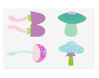 Set of 4 Cartoon Mushroom Stickers, Hand-Drawn Vinyl Decals