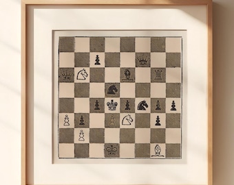 Vintage Chess Board Watercolor and Linework Illustration Wall Art, Scandinavian Abstract Print, Square Unique Painting Poster, Chess Gift