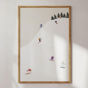 May include: A framed illustration of a snowy mountain scene with skiers and snowboarders. The illustration is in a minimalist style with a light grey background and black outlines.