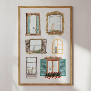 Könnte beinhalten: Ein Aquarellbild mit sechs Fenstern, aus denen Katzen schauen. Die Fenster sind in verschiedenen Stilen und Farben gehalten, einige haben Blumen oder Pflanzen, die um sie herum wachsen.