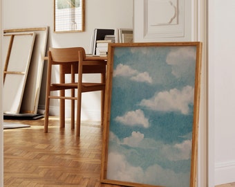 Vintage Blue Cloud Wall Art Aesthetic Painted Sky Poster White Clouds Digital Download Anthropologie Abstract Print TNature Gallery Wall Art