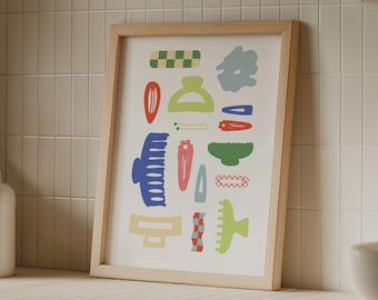 Akcesoria do włosów Abstrakcyjna kolorowa sztuka ścienna do łazienki Cyfrowe pobieranie Retro modna sztuka ścienna Urban Outfitters Kolaż Wydruk Klip do pazurów