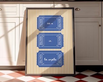 May include: A printable wall art design featuring three blue ticket-shaped designs with white stars and text. The text reads "see u in los angeles" on a yellow and white striped background.