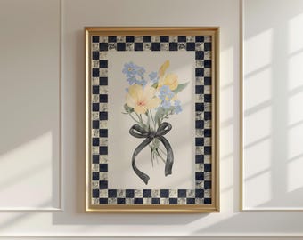 Vintage Bouquet & Bow Illustration Print, Digital Downloadable Wall Art, Trendy Floral Decor, Coquette Painting, Checker Art, Anthropolgie