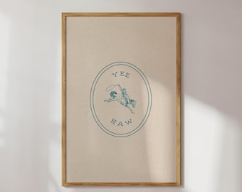 Arte digital de pared Yee-Haw, impresión de vaquera, arte de pared occidental, arte minimalista del salvaje oeste, arte de vaquero azul, arte de rodeo texano, arte moderno único para dormitorio, arte de caballos