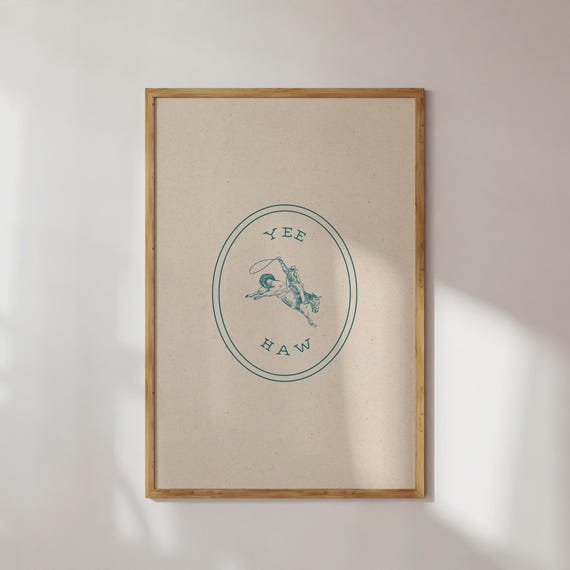 Yee-Haw Digital Wall Art Cowgirl Print Western Wall Art Minimal Wild West Art Blue Cowboy Art Rodeo Texas Unique Modern Dorm Art Horse Art