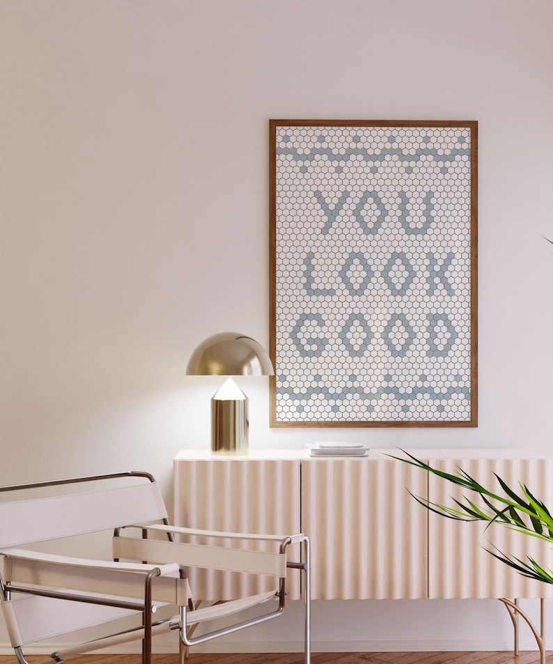 You Look Good Bathroom Mosaic Wall Art Prints Restroom Digital Download Powder Room Art Vintage Bathroom Art Bathroom Decor Blue Retro Art