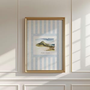 Póster de viaje vintage de acuarela de Rhode Island, arte de pared costero de la costa este de Newport Art, impresión de pintura estética retro azul y verde del estado del océano
