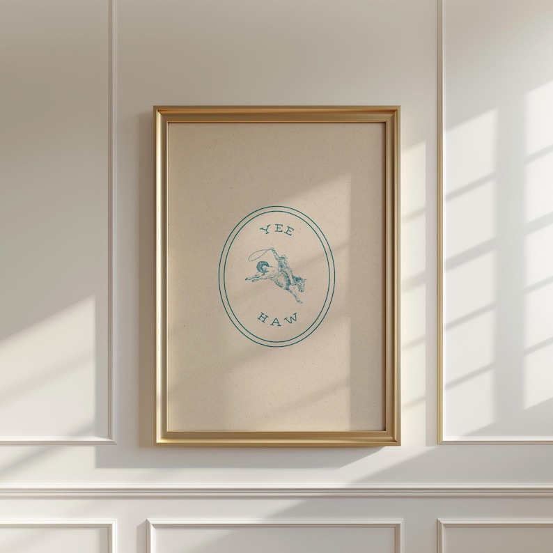 Yee Haw Digital Wall Art Cowgirl Print Western Wall Art Minimal Wild West Art Blue Cowboy Art Rodeo Texas Unique Modern Dorm Art Horse Art