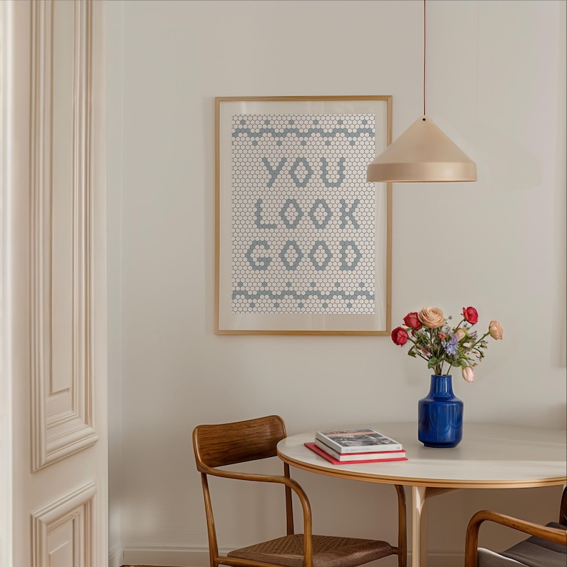 You Look Good Bathroom Mosaic Wall Art Prints Restroom Digital Download Powder Room Art Vintage Bathroom Art Bathroom Decor Blue Retro Art