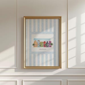 Charleston kunst aan de muur, kleurrijke zuidelijke poster, aquarel huizen print, esthetische kustkunst, unieke stad South Carolina, trendy strandstad