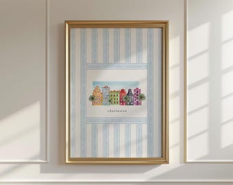 Arte mural de Charleston, póster sureño colorido, impresión de casas en acuarela, arte estético costero, ciudad única de Carolina del Sur, ciudad playera de moda
