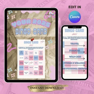 2025 Bingo Card Template (Blue + Pink)  (Editable via Canva + Downloadable)
