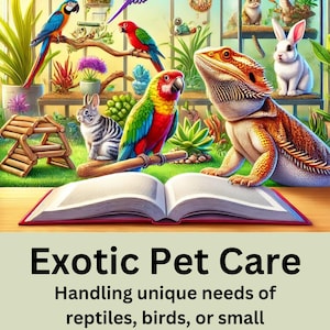 Op de afbeelding: Een boek getiteld "Exotic Pet Care" met de ondertitel "Handling unique needs of reptiles, birds, or small mammals" door Steve McChesney. De omslag toont een open boek met een verscheidenheid aan exotische huisdieren, waaronder een baardagaam, een papegaai, een konijn en een kat.
