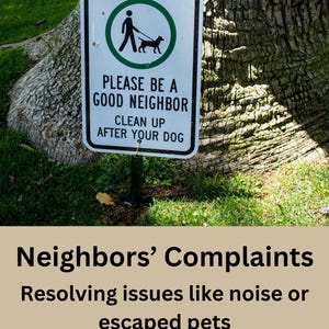 May include: A white sign with green lettering and a black and white illustration of a person walking a dog. The sign reads "Please be a good neighbour. Clean up after your dog."