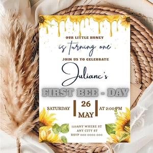 Bee Day First Birthday Invitation: Editable Canva Template (Digital Download 5x7 PDF)
