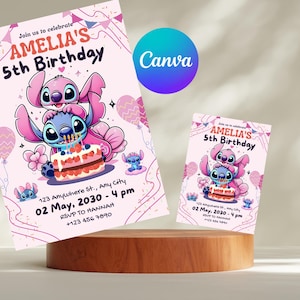 Stitch bearbeitbare Geburtstagseinladungsvorlage, druckbare Einladungen zur Geburtstagsfeier, digitale Kinderparty einladen, digitale Geburtstagskarte einladen