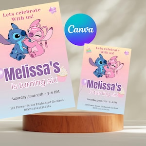 Faire-part d'anniversaire Stitch and Angel : modèle modifiable et imprimable - Belle invitation pour l'anniversaire de votre tout-petit, modifiable sur Canva