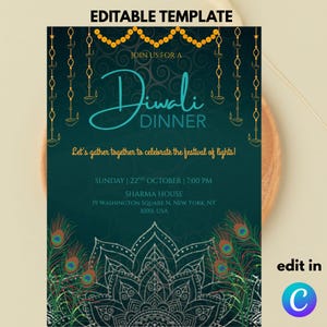 Editable Diwali Festival Celebration Invitation Template, Deepawali Digital Invite, Diwali Dinner Party Invitation, Hindu Festival Invite.