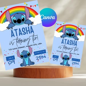 Verjaardagsuitnodiging Stitch and Angel: bewerkbare en afdrukbare sjabloon – prachtige uitnodiging voor de verjaardag van je kleintje, bewerkbaar op canvas