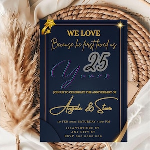 Printable Wedding Anniversary Invitation Template, Editable 25th Wedding Anniversary Template, Digital Golden Wedding Anniversary Invite.