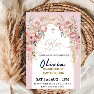 Editable Baptism Invitation Card, Wildflower Baptism Invitation Template, Printable Arch Baptism Invite, Baptism Phone Invite, Baptism Evite