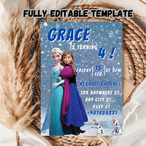 Aquarel Frozen verjaardagsuitnodiging: Elsa en Anna, bewerkbare canvassjabloon (digitale download)