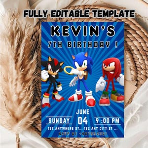 Convite editável para festa de aniversário do Sonic, convite de aniversário do Sonic the Hedgehog, convite para festa dos Super Sonic Boys, convite de aniversário do Sonic 3