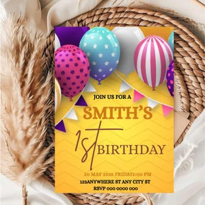 Editable 1st Birthday Invitation: Gender Neutral Balloon Design (PDF Download 5x7in Canva Template)
