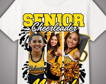 May include: White t-shirt featuring a design for a senior cheerleader. The design includes the words "Senior Cheerleader" in yellow, along with photos of cheerleaders and the name "Mariah". The shirt also has the text "Edit in Canva Pro".