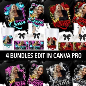 Può includere: Una collezione di articoli per feste di compleanno, tra cui magliette nere, bicchieri e scatole regalo, ognuno con un design con una donna, una corona e le parole "Birthday Queen". L'immagine include anche decorazioni per torte e palloncini neri. Il testo "4 BUNDLES EDIT IN CANVA PRO" è visibile.