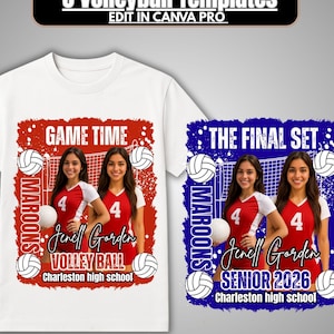 May include: White t-shirt with a red and blue volleyball design. The design includes the text "GAME TIME" and "THE FINAL SET", volleyballs, and the text "MAROONS". The shirt also features two women in volleyball uniforms. The text "Jenell Garden" and "Charleston high school" is also included.