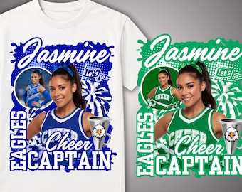 May include: White t-shirt featuring a design for a cheerleader named Jasmine. The design includes a photo of a woman in a cheerleading uniform, the text "EAGLES", and the words "Cheer Captain". The design is in blue.