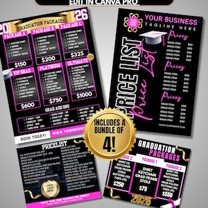 May include: Four graduation flyer designs with a black and pink color scheme. The flyers include package options, price lists, and customizable elements. The text reads "4 Grad Flyers" and "Edit in Canva Pro."