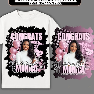 May include: White t-shirt with a graphic design for a nurse graduate. The design includes the text "CONGRATS", a photo of a woman, balloons, and medical symbols. The text "20 nurse MONICA" is also included.
