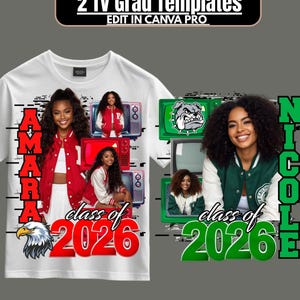 Op de afbeelding: Wit T-shirt met twee afstudeerontwerpen. E&eacute;n ontwerp heeft de naam "AMARA" in rood, de tekst "class of 2026" en een adelaarsafbeelding. Het andere ontwerp heeft de naam "NICOLE" in groen en de tekst "class of 2026".
