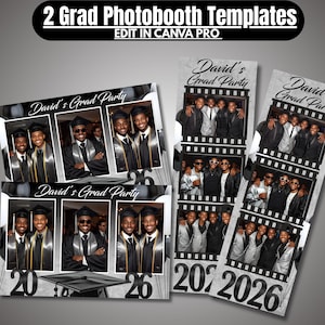 Peut inclure: Modèles de photobooth pour les fêtes de remise de diplômes. La conception comprend des photos de diplômés en toges et mortiers, avec le texte "David's Grad Party" et l'année de l'obtention du diplôme. Les modèles sont conçus pour être modifiés dans Canva Pro.