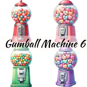 May include: Six vintage gumball machines with different coloured bases and sweets. The machines are filled with colourful gumballs and heart-shaped sweets with messages like "Be Mine" and "Love".