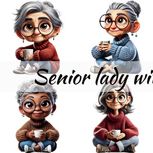 Cheerful Elderly Woman Clipart with Hot Tea PNG - Cozy Illustrations for Instant Download and Sublimation Projects