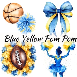 Könnte beinhalten: Ein Set mit sechs Aquarell-Illustrationen mit blauen und gelben Pompons, einem Basketball, einem Football, einer Cheerleaderin, einer Schleife und einem Megaphon mit dem Text "Go Team!"