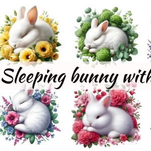 sleeping bunny with flowers clipart- Png Commercial Use- Bunnies- Rabbit Clipart