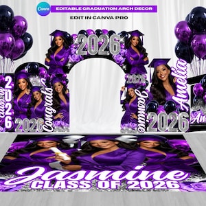Graduation Decor Canva Template Bundle, Name Cutout, Purple & Silver Grad Entrance Arch, Magazine Backdrop, Floor Wrap