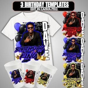 Modello di maglietta "Compleanno Re" Canva, design di adesivi per tazze di polistirolo, design di tazze, modello modificabile, design di compleanno per uomo, maglietta personalizzata